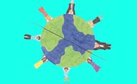 Drawing of children around a globe