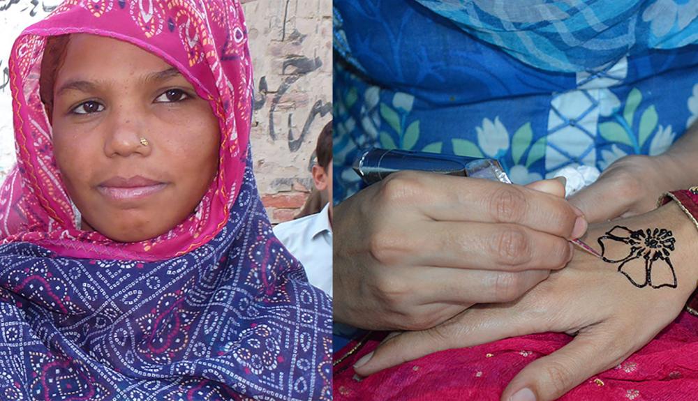 Portrait of Parveen and a close up of hennapainting on hand