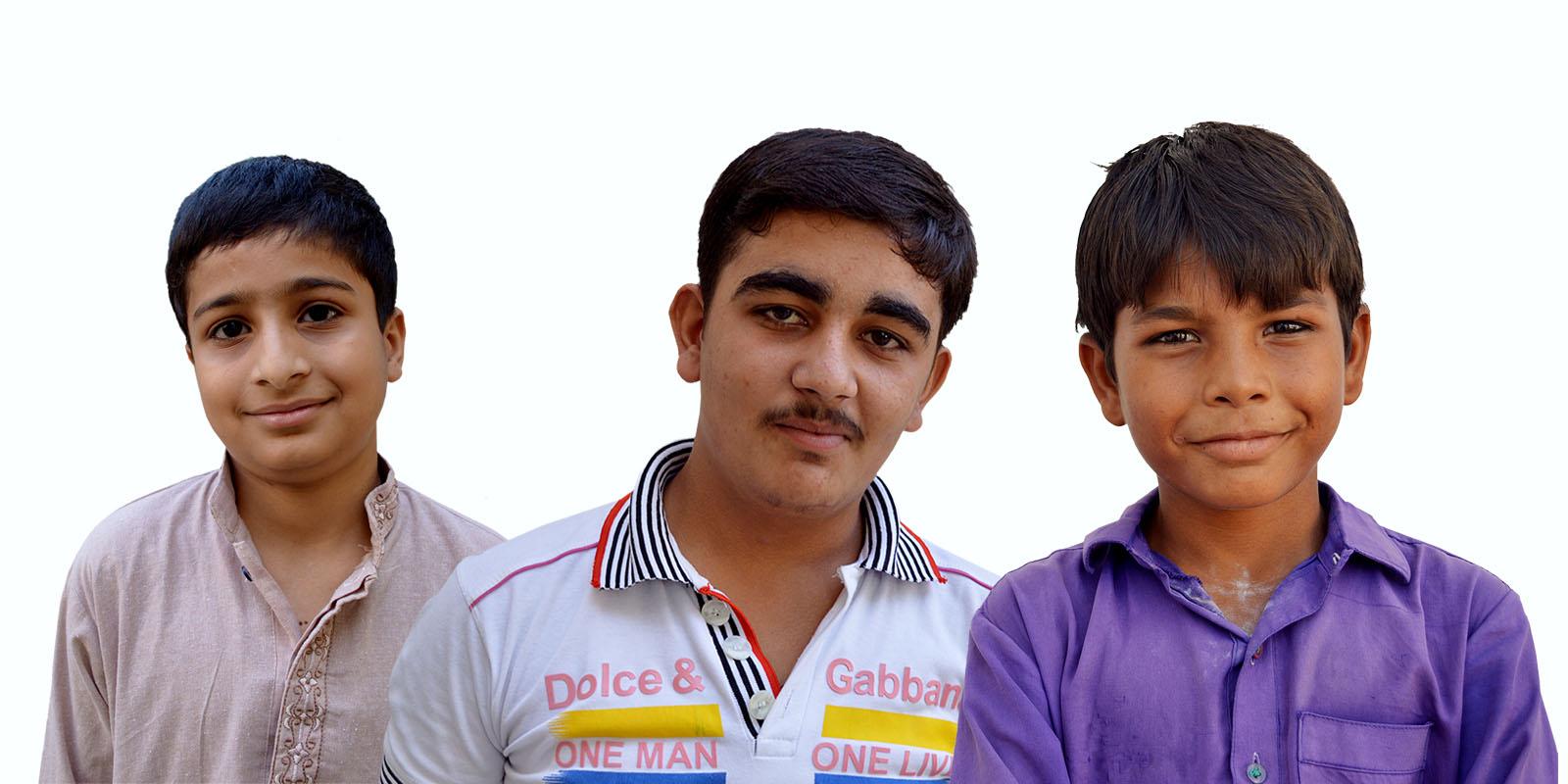 Portraits of three boys, Haseed, Ali and Baber.