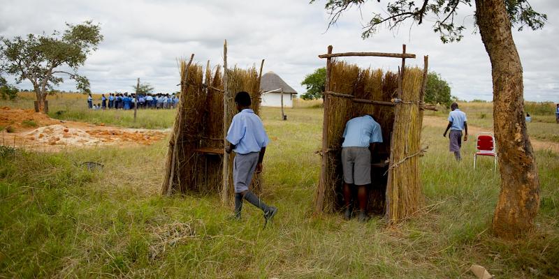 Two boys voting in booths made of grass