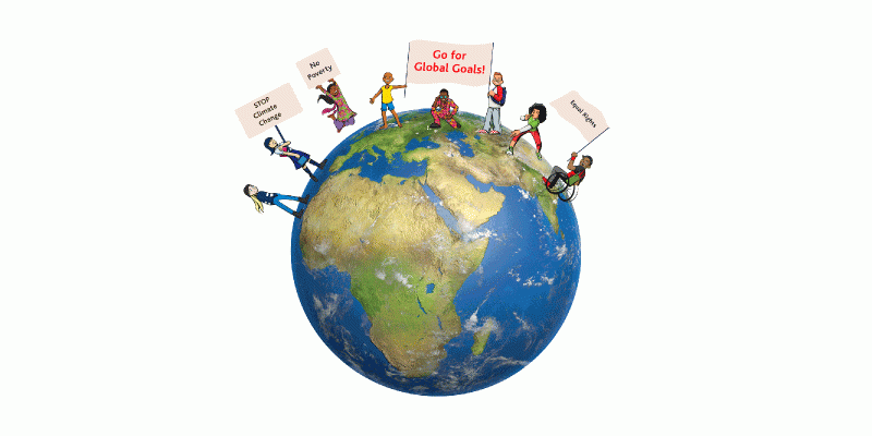 Illustration of kids on a globe, rallying with signs