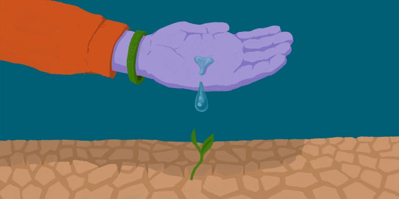 Illustration of hand with water pouring a drop of water on a plant growing in dry earth.