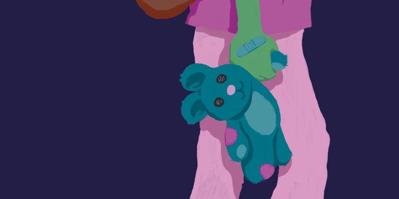 Illustration of refugee child carrying soft toy bunny. 