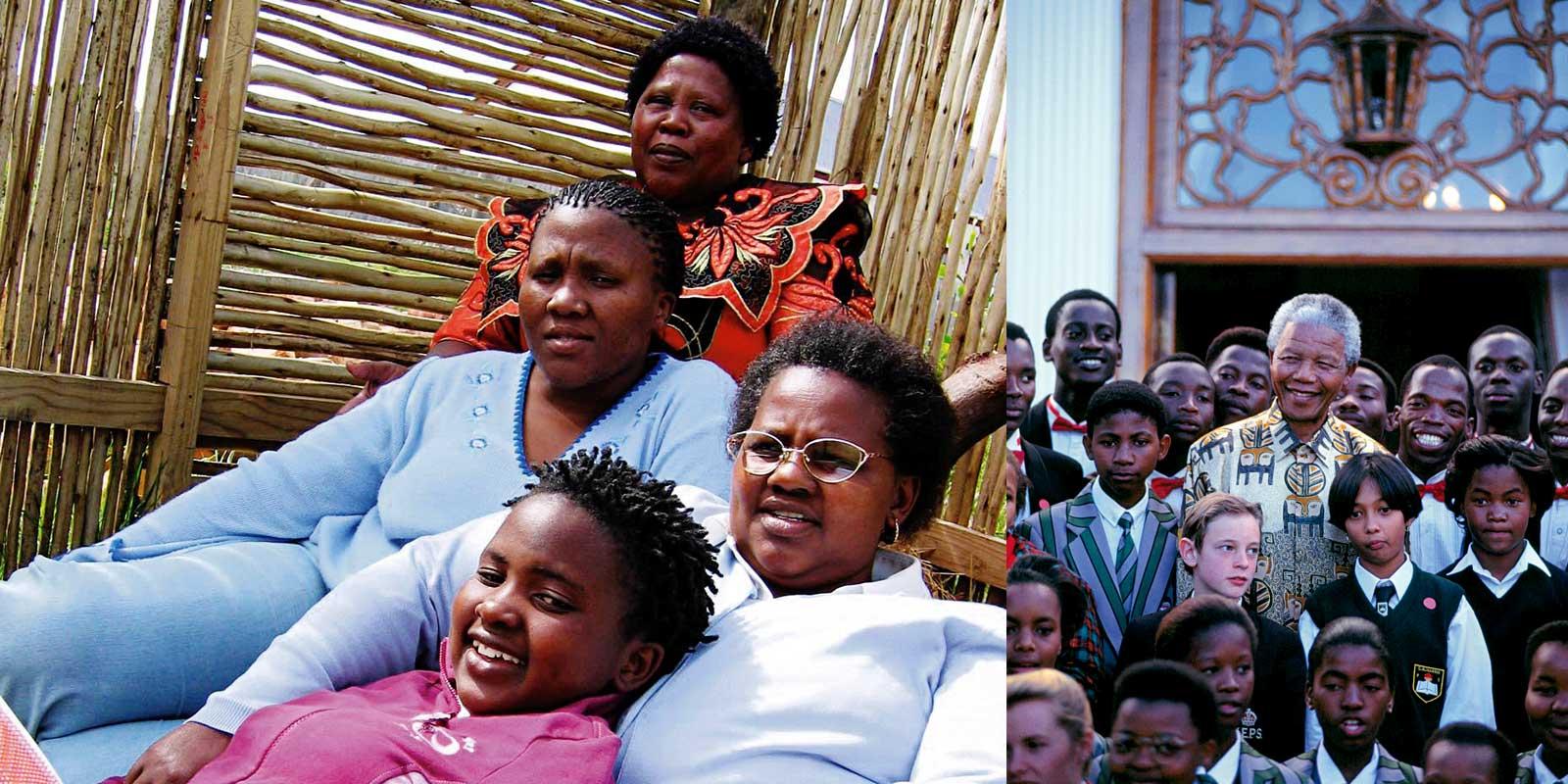 One girl and four women. Mandela with children. 